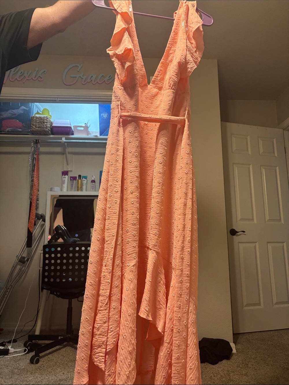 Altar'd State Coral Eyelet High-Low Ruffle Dress